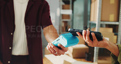 Buy stock photo Hands, pos machine and people with smartphone, payment and ecommerce with checkout. Employee, scanner and cellphone with online banking, fintech and transactions with small business or retail bargain