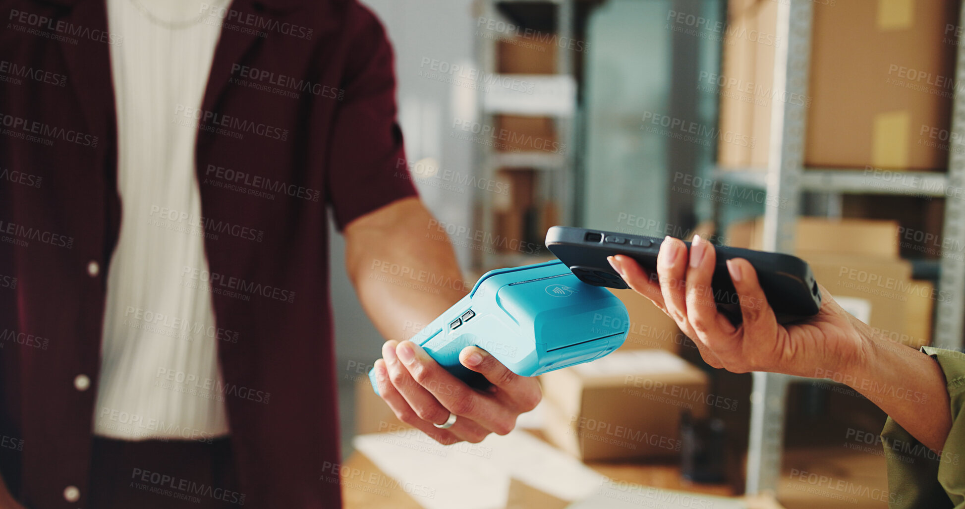 Buy stock photo Hands, pos machine and people with smartphone, payment and ecommerce with checkout. Employee, scanner and cellphone with online banking, fintech and transactions with small business or retail bargain