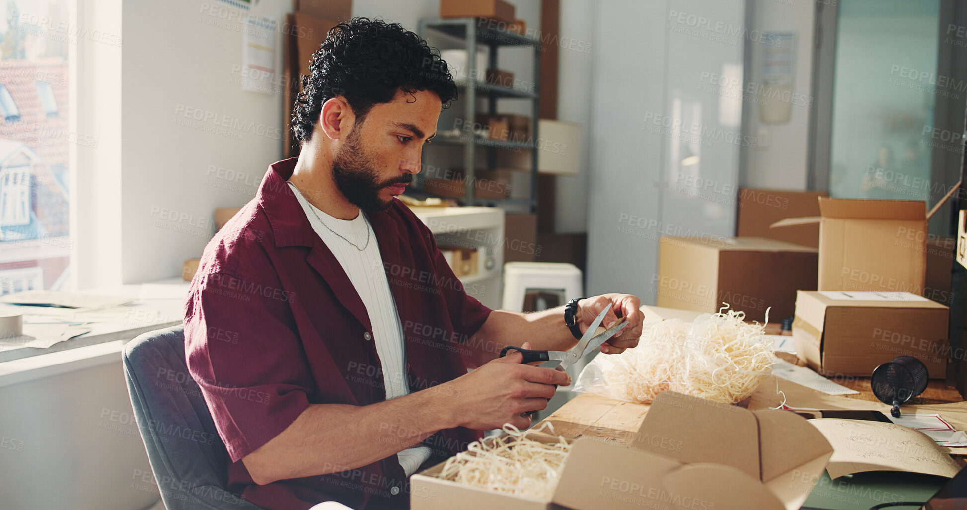 Buy stock photo Man, scissor and box at startup ecommerce for packaging, prepare shipping and customer details. Male person, cutting and label for package delivery, order information and quality control for dispatch