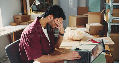 Buy stock photo Ecommerce, headache and man with laptop, stress and blue light exposure with fatigue. Entrepreneur, computer and distribution with migraine, tired and burnout with pain, eye strain and budget crisis