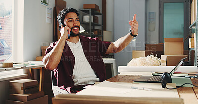 Buy stock photo Ecommerce, conversation or man with phone call in startup, courier or supply partner communication. Delivery instructions, small business or entrepreneur with distributor negotiation, talk or mobile