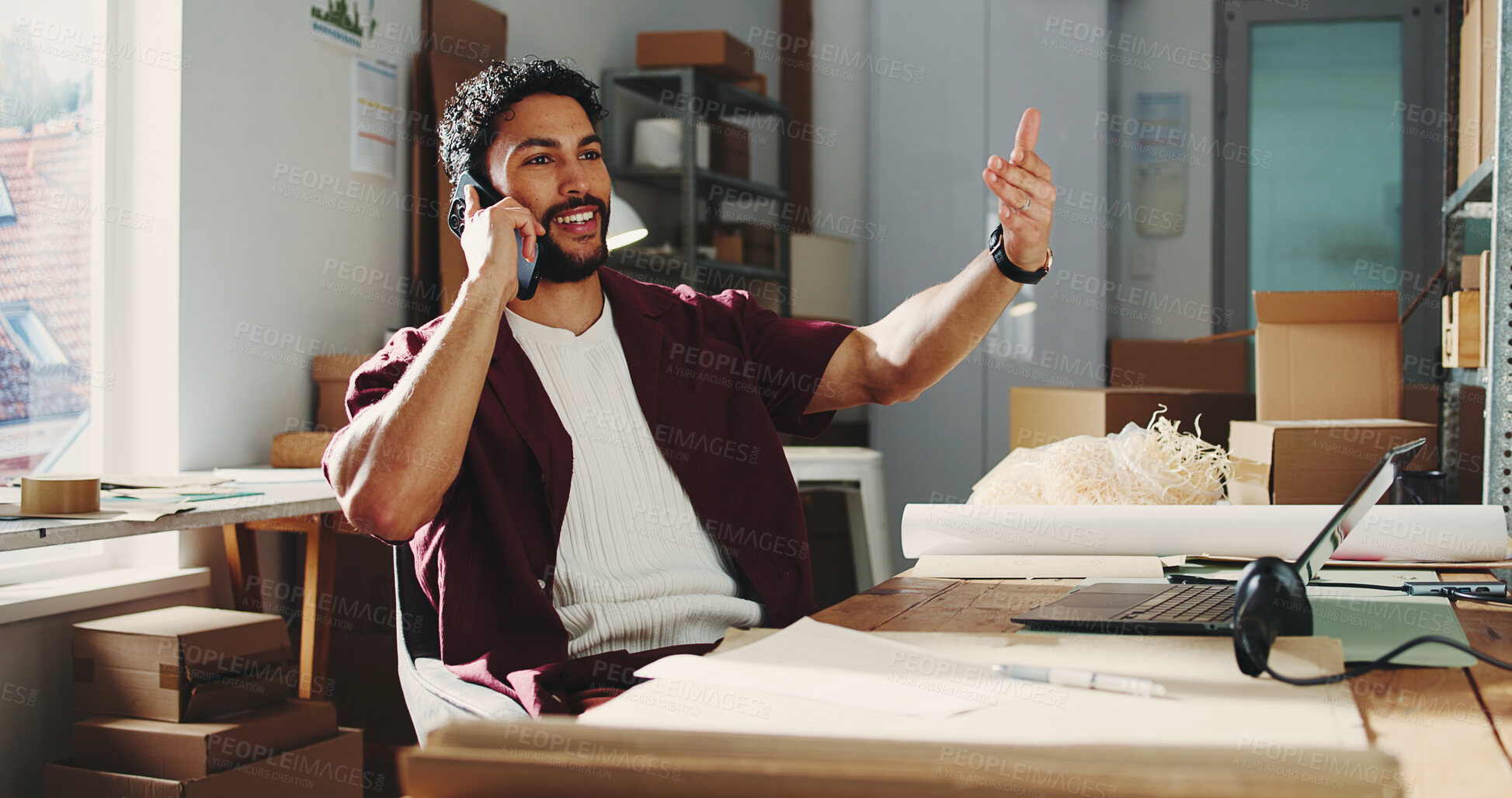 Buy stock photo Ecommerce, conversation or man with phone call in startup, courier or supply partner communication. Delivery instructions, small business or entrepreneur with distributor negotiation, talk or mobile