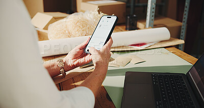 Buy stock photo Logistics, online shop and hands with phone screen, order and stock review on website and ecommerce. Scroll, cart and person with mobile for sales, supply chain and checkout for goods distribution