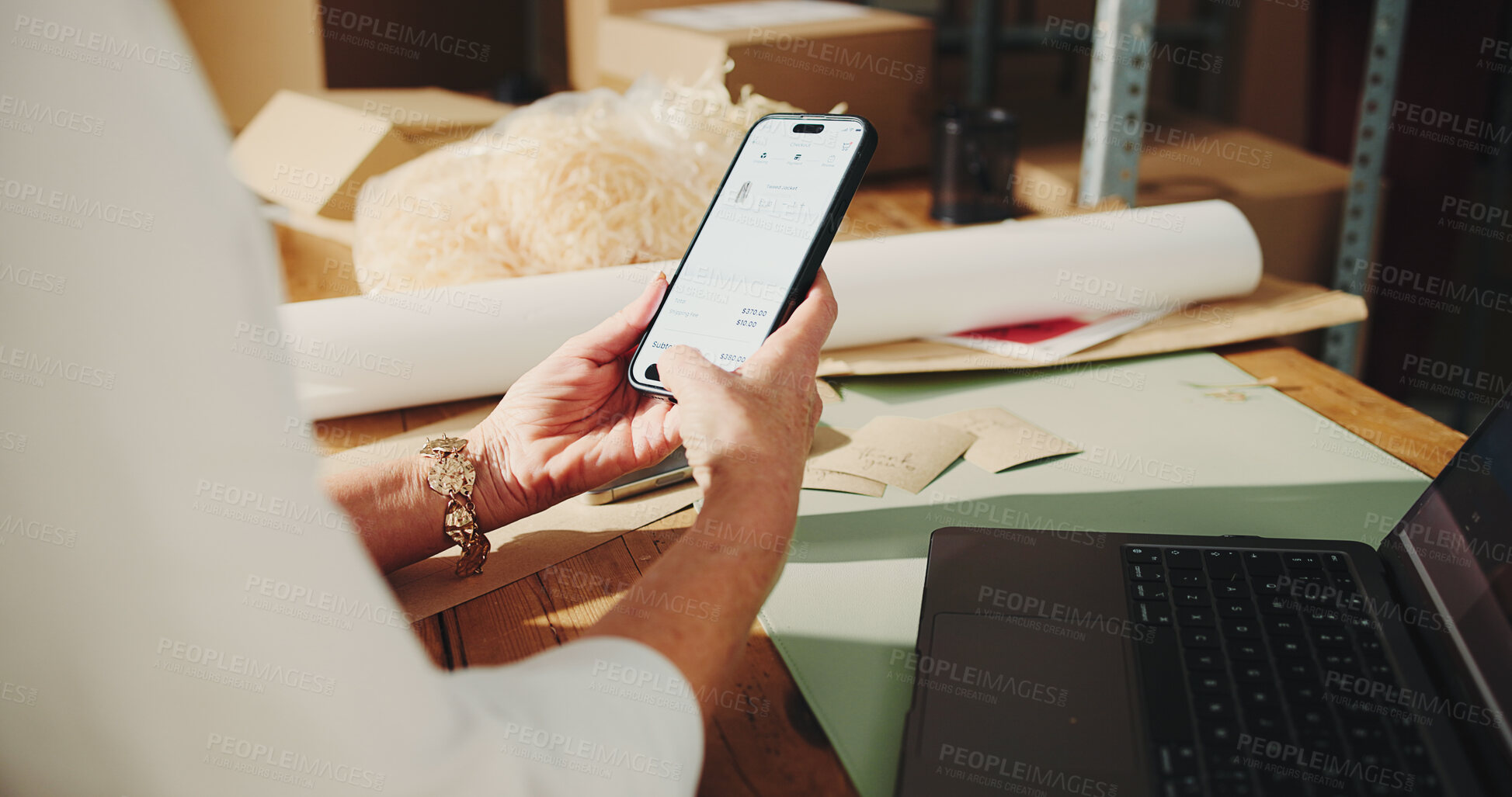 Buy stock photo Logistics, online shop and hands with phone screen, order and stock review on website and ecommerce. Scroll, cart and person with mobile for sales, supply chain and checkout for goods distribution