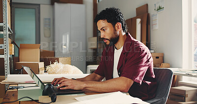 Buy stock photo Ecommerce, reading or man with laptop in warehouse, package delivery or track product distribution. Small business, check stock shipping progress or entrepreneur on courier site, pc or supply chain