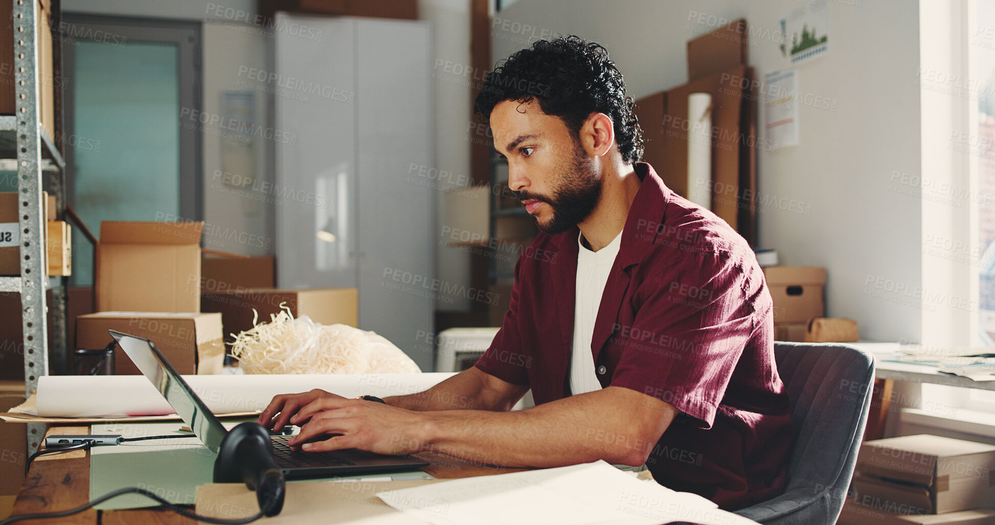 Buy stock photo Ecommerce, reading or man with laptop in warehouse, package delivery or track product distribution. Small business, check stock shipping progress or entrepreneur on courier site, pc or supply chain