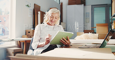 Buy stock photo Ecommerce, reading or woman with tablet in office, package delivery or track product distribution. Small business, check shipping progress or mature entrepreneur on courier site, tech or supply chain