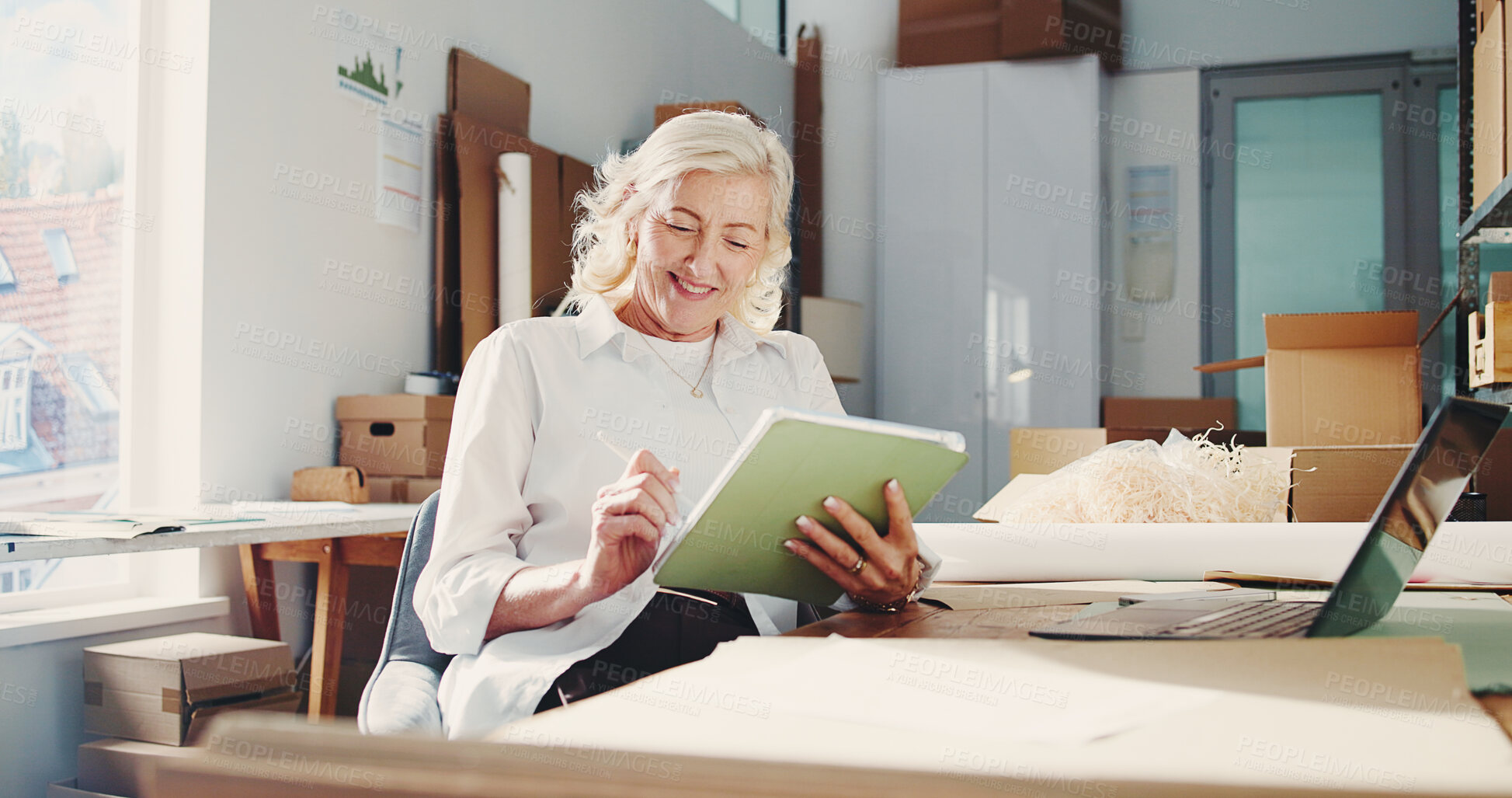 Buy stock photo Ecommerce, reading or woman with tablet in office, package delivery or track product distribution. Small business, check shipping progress or mature entrepreneur on courier site, tech or supply chain