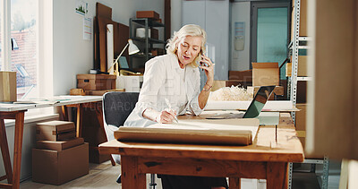 Buy stock photo Logistics, phone call or woman in office with writing, track delivery or inventory management of shipment. Distribution, mature person or supplier with tech, order update or checklist in ecommerce.