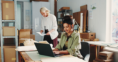 Buy stock photo Laptop, supply chain and planning with women in office for delivery, retail update or shipping. Tech, management and small business owner with employee for package, distribution and stock logistics