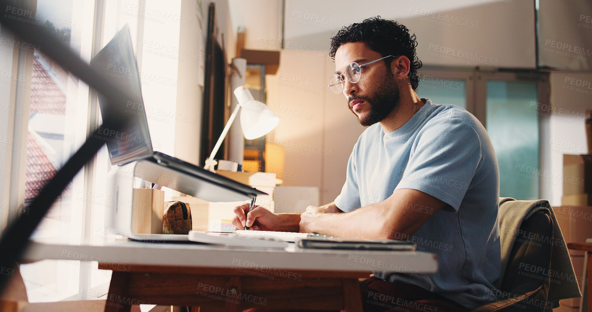 Buy stock photo Ecommerce, reading or man with laptop in office, check product feedback or notes to improve merchandise. Small business, customer opinion or entrepreneur on review site for research, pc or planning