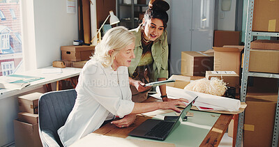 Buy stock photo Laptop, supply chain and meeting with women in office for delivery, retail update or shipping. Tech, conversation and small business owner with employee for package, distribution and stock logistics