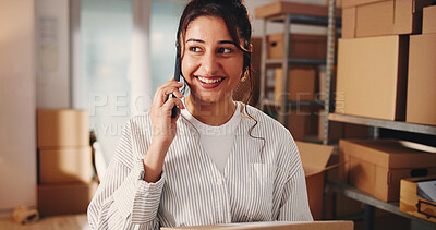 Buy stock photo Ecommerce, woman and phone call in office with box for customer order, courier update or conversation. Happy person, tech and contact in workplace with package for logistics, shipping and discussion.