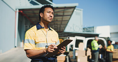 Buy stock photo Logistics, clipboard and thinking with delivery man outdoor for supply chain, checklist and idea. Distribution manager, transport coordinator and quality assurance vision with person and reflection