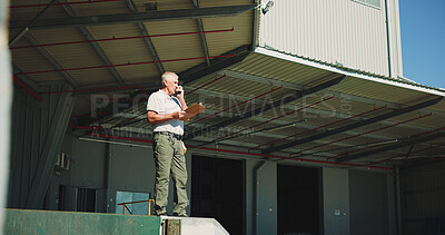 Buy stock photo Logistics, clipboard and radio with man outdoor for inventory management, delivery planning or export. Shipping route schedule, distribution supervisor or contact with mature person at warehouse