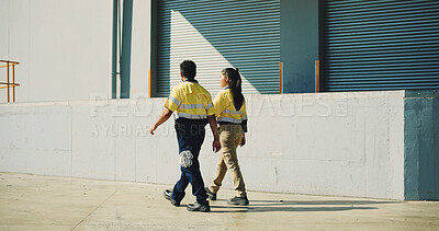 Buy stock photo Logistics, team and walking with people outdoor for shipping route, delivery and cargo. Freight inspection, export partnership and supply chain with back of employees at warehouse for distribution