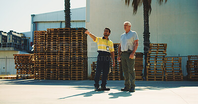 Buy stock photo Shipping, team and pointing with people outdoor for logistics route, delivery plan and cargo. Freight inspection, export partnership and supply chain with employees at warehouse for distribution