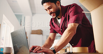 Buy stock photo Ecommerce, typing or man with laptop in office, positive product feedback or merchandise sales increase. Startup, customer opinion or happy person on review site for quality control, low angle or pc