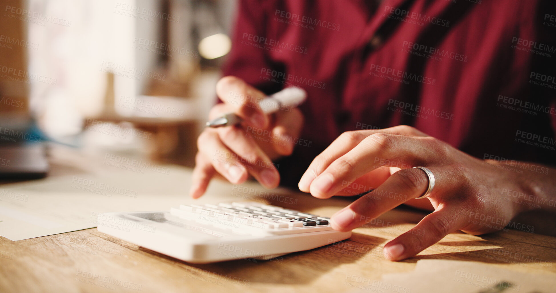 Buy stock photo Hands, calculator and budget at dropshipping startup with financial review, bills and solution at company. Person, entrepreneur and audit with accounting, report and logistics at distribution plant