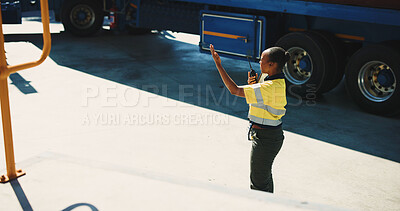 Buy stock photo Logistics, radio and direction with black woman outdoor for supply chain, cargo courier and export. Distribution manager, transport coordinator and communication with person at warehouse for guide