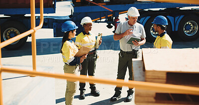 Buy stock photo Logistics, team and tablet with people outdoor for inventory management, delivery planning or export. Shipping route schedule, distribution supervisor or collaboration with employees and tech