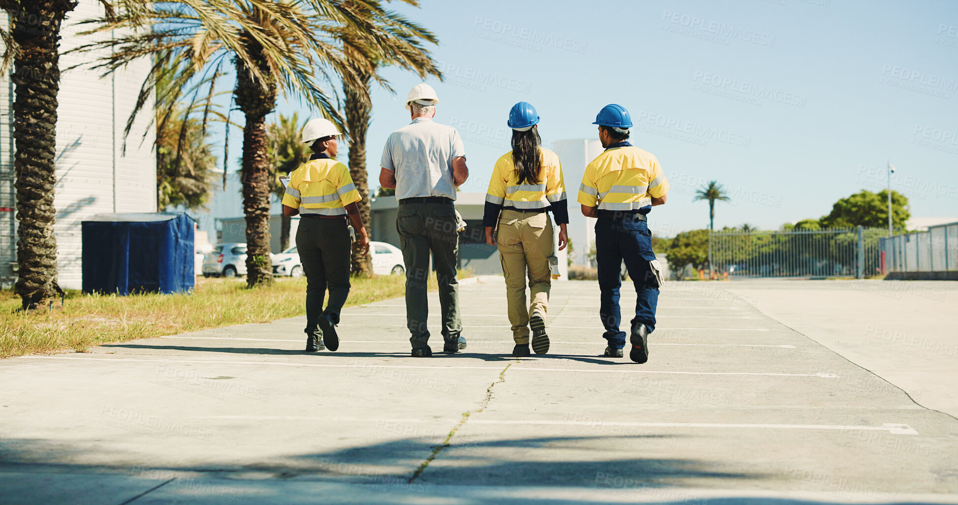 Buy stock photo Logistics, team and back with people outdoor for inventory management, delivery planning or export. Shipping schedule, distribution supervisor or collaboration with employees walking at warehouse