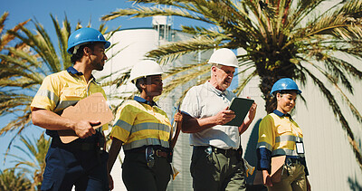 Buy stock photo Shipping, team and tablet with people outdoor for inventory management, delivery planning or export. Logistics route schedule, low angle or collaboration with employees and tech at warehouse