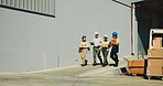 Shipping, team and walking with people outdoor for inventory management, delivery planning or export. Logistics route schedule, distribution supervisor or collaboration with employees at warehouse