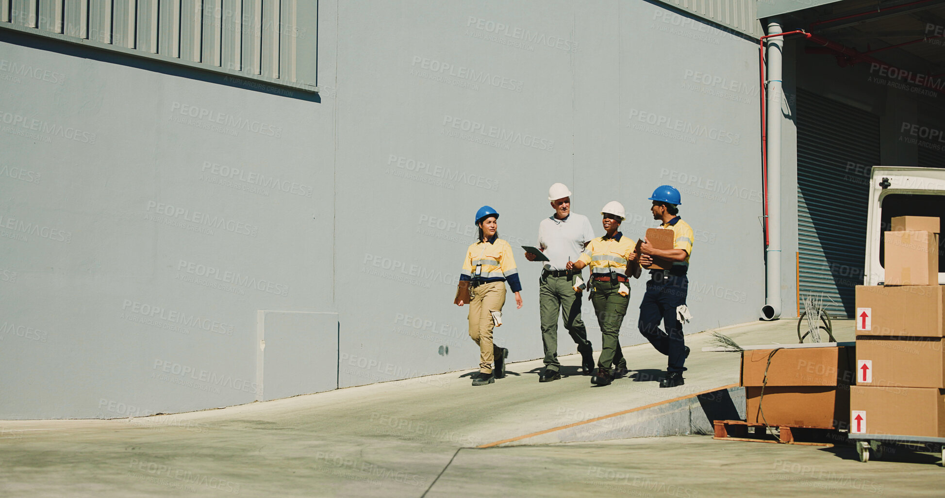 Buy stock photo Shipping, team and walking with people outdoor for inventory management, delivery planning or export. Logistics route schedule, distribution supervisor or collaboration with employees at warehouse