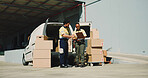 Logistics, outdoor or people with clipboard by van, package check or confirm shipping address for delivery. Supply chain, cargo or workers with communication for route plan, distribution or vehicle