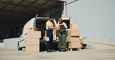Buy stock photo Logistics, outdoor or people with clipboard by van, package check or confirm shipping address for delivery. Supply chain, cargo or workers with communication for route plan, distribution or vehicle