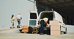 Logistics, outdoor or man with boxes by van, package distribution or shipping preparation at loading dock. Supply chain, cargo transportation or people by vehicle for freight, back or stock delivery