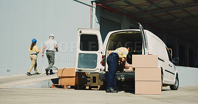 Buy stock photo Logistics, outdoor or man with boxes by van, package distribution or shipping preparation at loading dock. Supply chain, cargo transportation or people by vehicle for freight, back or stock delivery