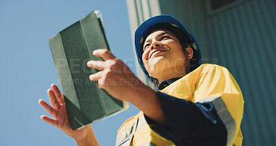 Buy stock photo Logistics, outdoor or happy woman with tablet for inspection, supply chain or dispatch management. Low angle, transport service or manager with tech for delivery organization, distribution or safety