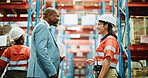 People, contractor and warehouse with manager for inventory check, supply chain or logistics. Man, woman or mentor with employees for shipping, distribution or quality assurance in storage depot