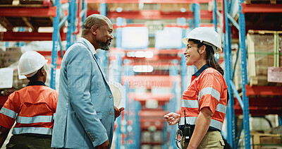 Buy stock photo People, contractor and warehouse with manager for inventory check, supply chain or logistics. Man, woman or mentor with employees for shipping, distribution or quality assurance in storage depot