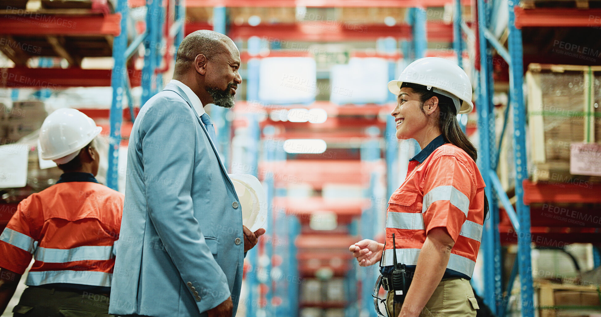 Buy stock photo People, contractor and warehouse with manager for inventory check, supply chain or logistics. Man, woman or mentor with employees for shipping, distribution or quality assurance in storage depot