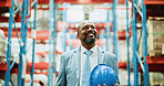 Happy, man and logistics manager in factory, think and planning for distribution of goods and cargo. Supply chain, warehouse and mature black person with smile for quality assurance or inspection