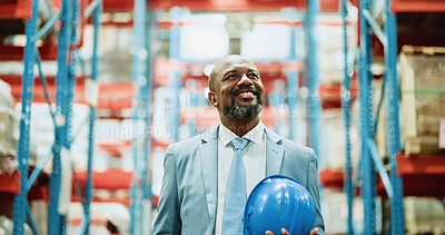 Buy stock photo Happy, man and logistics manager in factory, think and planning for distribution of goods and cargo. Supply chain, warehouse and mature black person with smile for quality assurance or inspection