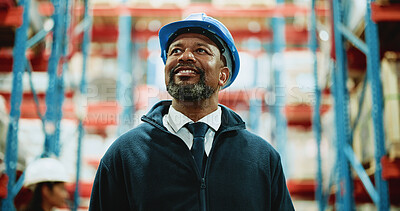 Buy stock photo Factory, man and logistics manager with smile, thinking and plan for distribution of goods or stock. Supply chain, warehouse and mature person with helmet for quality assurance, export and reflection