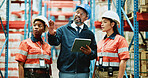 Logistics, tablet and team with people in warehouse for inspection checklist, cargo storage and freight. Supply chain inventory, distribution and online export report with employees in factory