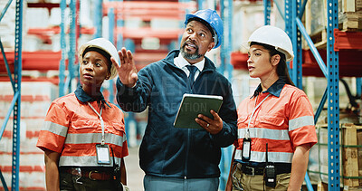 Buy stock photo Logistics, tablet and team with people in warehouse for inspection checklist, cargo storage and freight. Supply chain inventory, distribution and online export report with employees in factory
