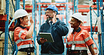 Logistics, tablet and high five with people in warehouse for inspection checklist, cargo storage and support. Supply chain inventory, partner and online export report with employees in factory