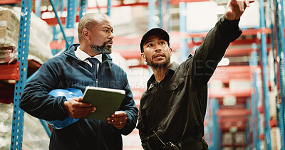 Buy stock photo Cargo, tablet and team with people in warehouse for inspection checklist, logistics storage and freight. Supply chain inventory, distribution and online export report with employees in factory