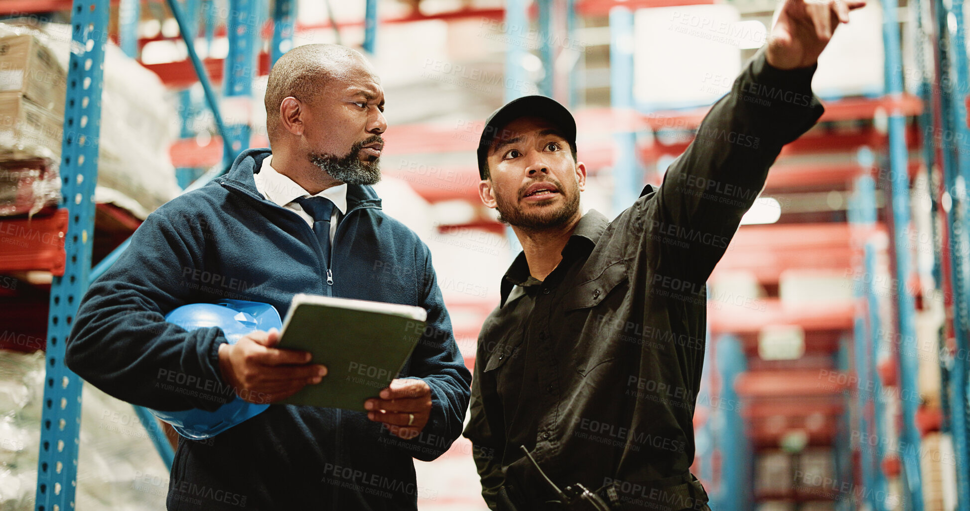 Buy stock photo Cargo, tablet and team with people in warehouse for inspection checklist, logistics storage and freight. Supply chain inventory, distribution and online export report with employees in factory