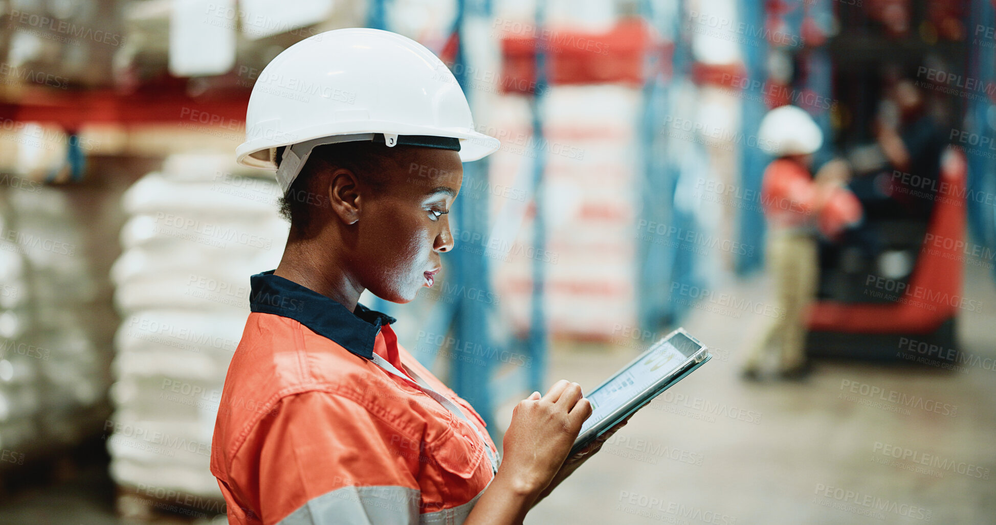 Buy stock photo Tablet, cargo and reading with woman in warehouse for delivery procurement, floor supervisor and logistics. Distribution manager, online shipping checklist and export sourcing with person in factory