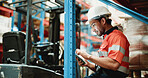 Logistics, tablet and reading with man in warehouse for quality assurance, cargo and shipping. Inventory manager, online inspection checklist and app with person in factory for delivery report 