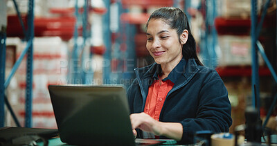 Buy stock photo Laptop, cargo and search with woman in warehouse for delivery procurement, floor supervisor and logistics. Distribution manager, online shipping checklist and export sourcing with person in factory