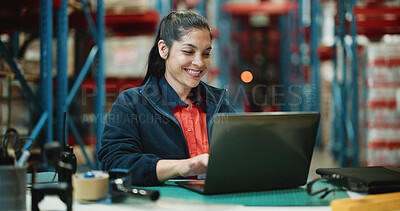 Buy stock photo Logistics, laptop and smile with woman in warehouse for quality assurance, cargo and shipping. Inventory manager, online inspection checklist and distribution with person in factory for delivery