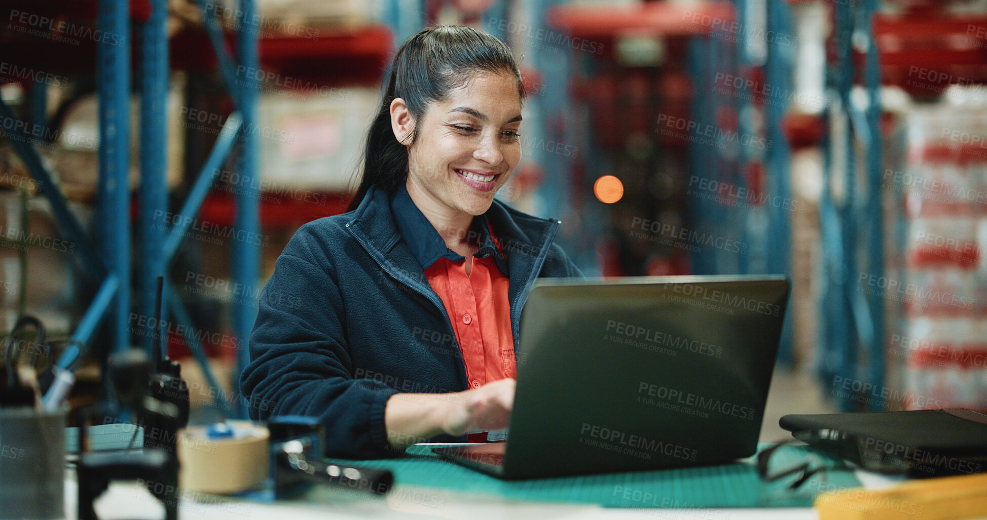 Buy stock photo Logistics, laptop and smile with woman in warehouse for quality assurance, cargo and shipping. Inventory manager, online inspection checklist and distribution with person in factory for delivery